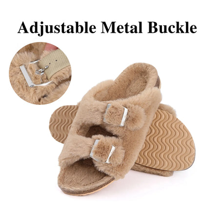 Shevalues Cork Footbed Plush Slippers For Women Winter Fur Furry Slippers Home Fluffy Slides With Arch Support Fuzzy Flip Flops