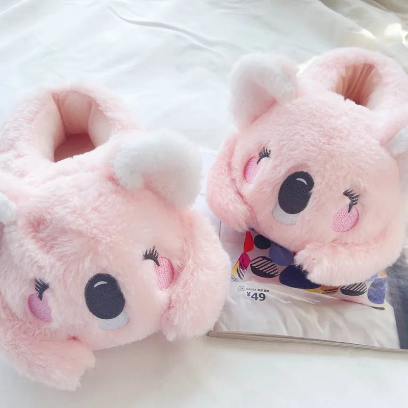 Whimsical Koala Comfort: Cute Pink Gray Plush Slippers