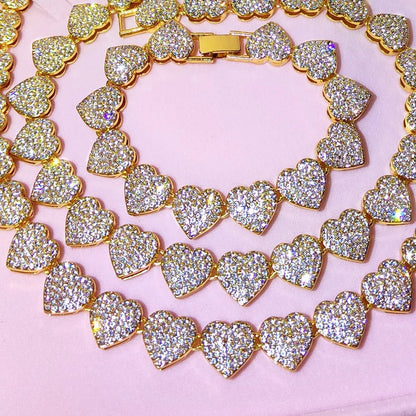 Crystal Heart Cuban Link Chain Necklace