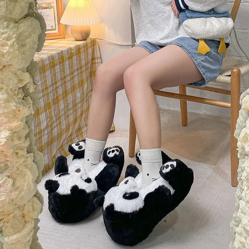Chic Panda Bliss: Cozy Black and White Furry Slippers